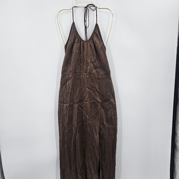 Open Edit Satin Scoop Neck Halter Midi Dress Brown Size M - Picture 2 of 7